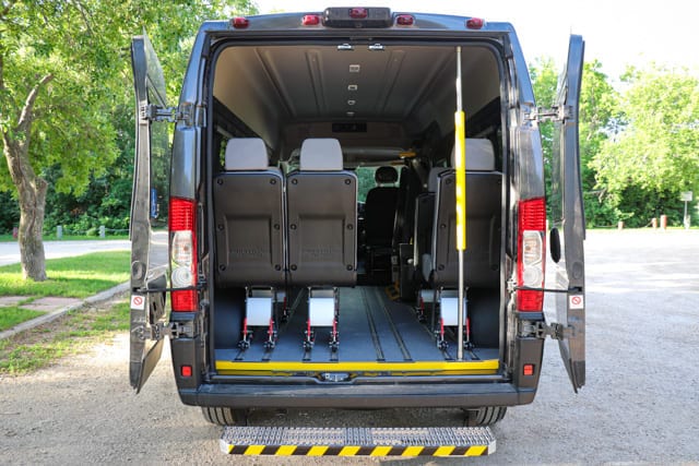 Ram Promaster van with side entry wheelchair access and removable passenger seats for ambulatory riders