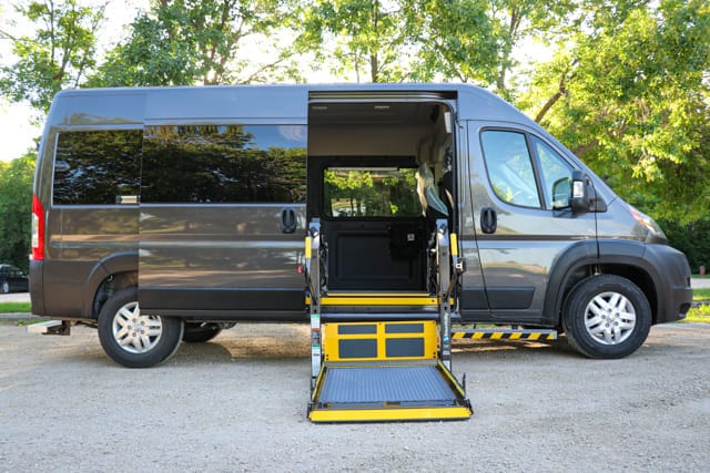 Grey Ram Promaster wheelchair accessible van with mobility wheelchair lift