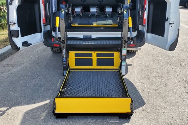 BraunAbility rear access hydraulic lift in Ford Transit MoveMobility