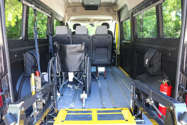 removeable seating and wheelchair positions inside ram promaster mobility van conversion by MoveMobility