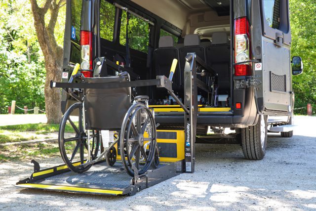 wheelchair secured on braunability century series wheelchair lift in movemobility accessible van