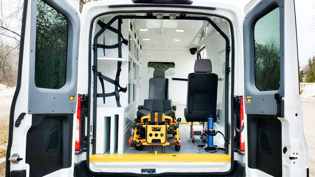 Ford Transit mobile medical van with storage cabinets and stretcher system