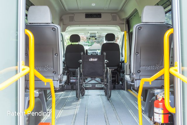 wheelchair secured in P4 rear entry movemobility van