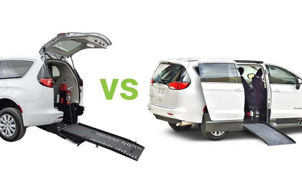 Rear entry accessible minivan vs. side entry accessible minivan.
