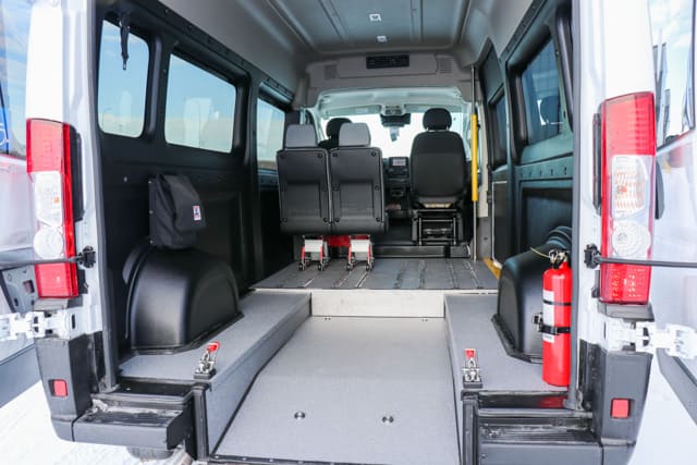 Rear view of inside of VL series van with lowered floor for wheelchair