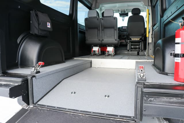 Close up of wheelchair position and 4 point restraint in VL Series wheelchair van.