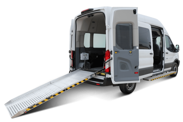 The rear entry Ford Transit wheelchair van with a manual ramp.